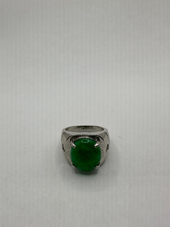Vintage Silver Green Jade Lucky Cocktail Ring - image 8