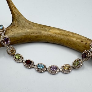 Vintage Tennis Bracelet | Mixed Citrine Amethyst Blue Topaz Peridot Garnet 925 Sterling Silver | Elegant Everyday