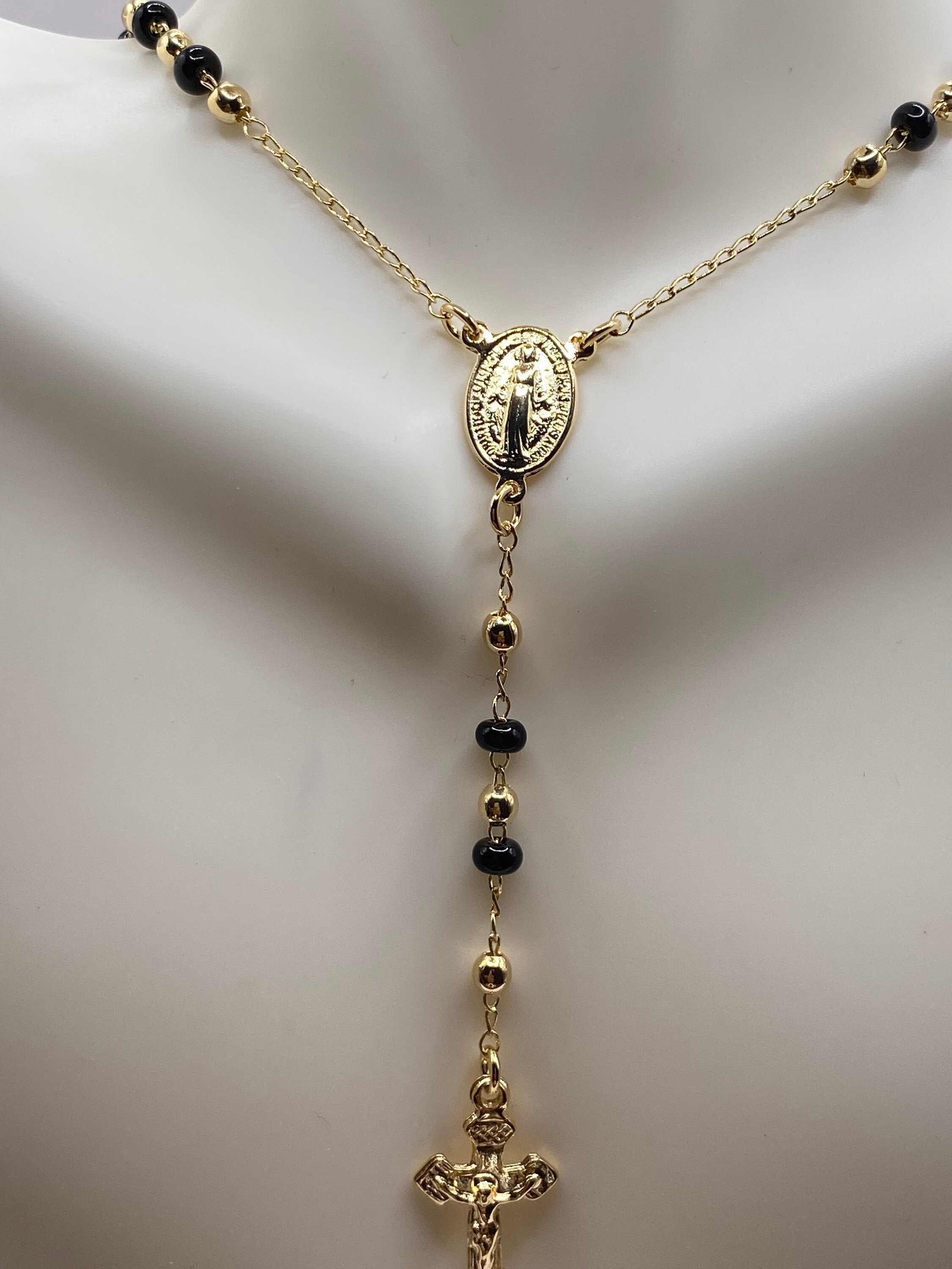 Vintage Rosary Necklace: Black Onyx Beads, 9k Gold Filled