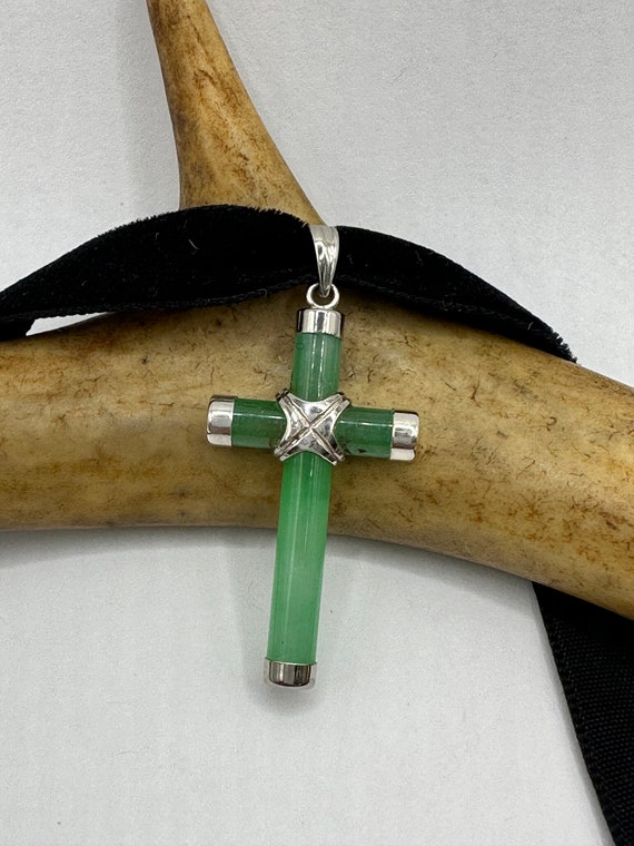 Vintage Silver Jade Pendant | Green Jade Cross Ch… - image 1