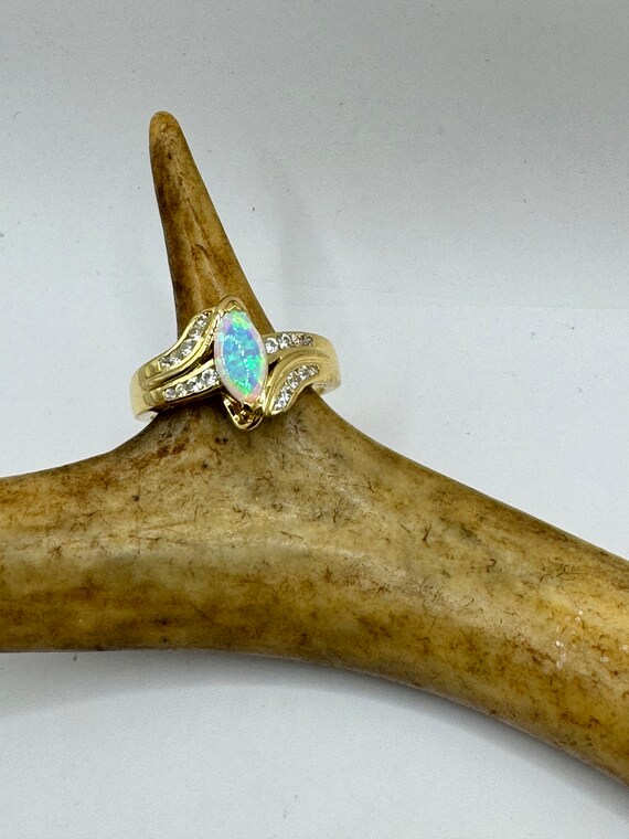 White Fire Opal Ring: Golden Sterling Silver Prom… - image 1