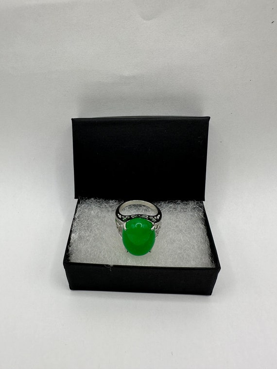 Vintage Silver Green Jade Lucky Cocktail Ring - image 9