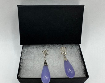 Orecchini pendenti vintage in argento sterling con giada lavanda e zirconi cubici viola - Italia
