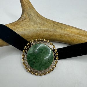 Vintage Green Jade Brooch Pin - Gold Filled - Black Velvet Choker - Small
