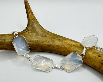 Vintage Opal Milk Glass Silver Bracelet Silver Bronze