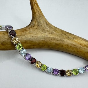 Vintage Tennis Bracelet | Mixed Citrine Amethyst Blue Topaz Peridot Garnet 925 Sterling Silver | Elegant Everyday