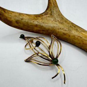 Vintage Jade Gold Filled Brooch 12k Gold Pin Genuine Green Gemstone Flower