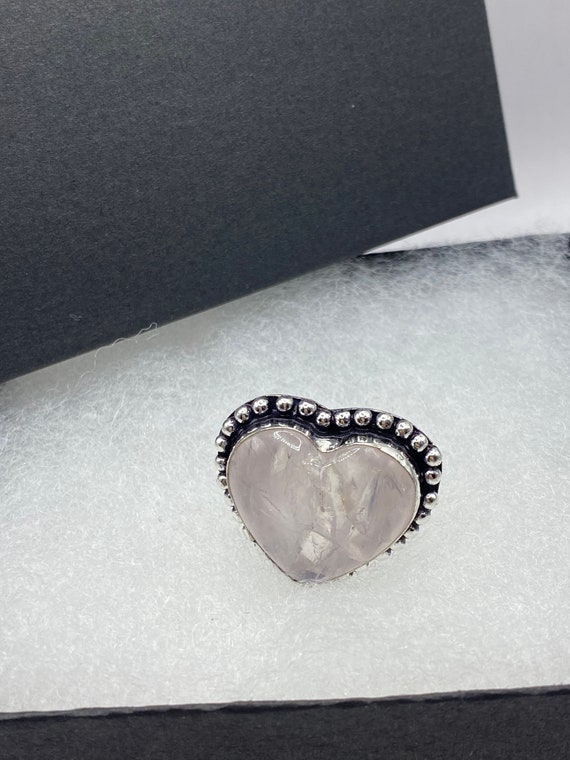 Vintage Pink Rose Quartz Heart Ring Silver Band - image 5