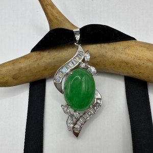 Vintage Grüne Jade Deco Anhänger Choker Halskette - Silber Bronze