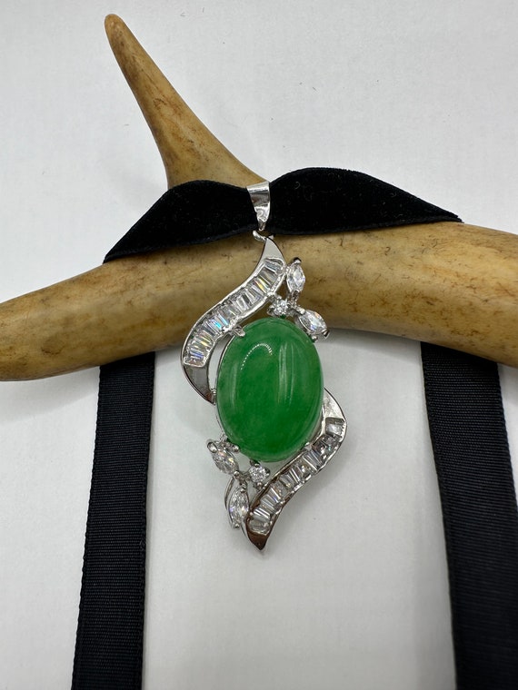 Vintage Green Jade Deco Choker Necklace - Silver … - image 1