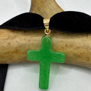 Vintage Grüne Jade Kreuz Choker Anhänger Halskette - Goldene Bronze