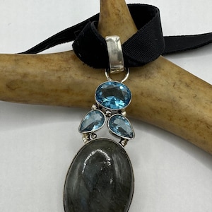 Vintage Labradorite Pendant Ribbon Choker Necklace | Silver Necklace