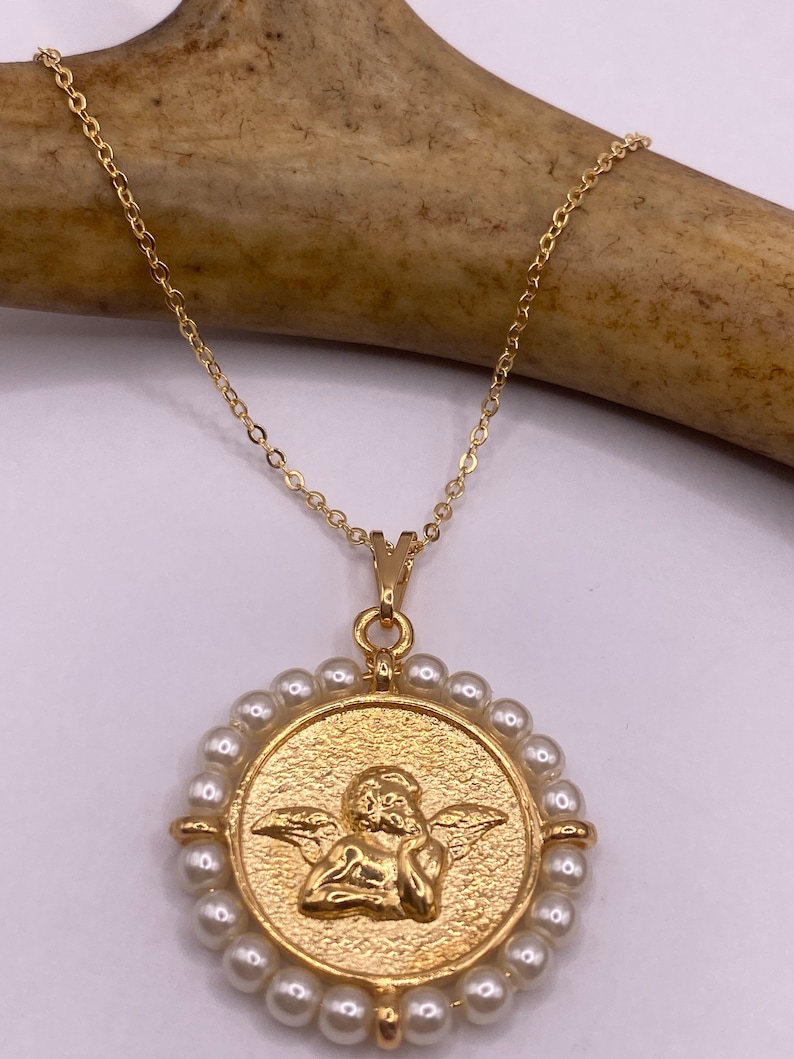 Vintage Gold Pendant Necklace Tiny Pearl Gemstone 9k GF Cherub Angel