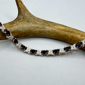 Vintage Blue Sapphire Tennis Bracelet: Diamond Chip Sterling Silver, 7 Inch