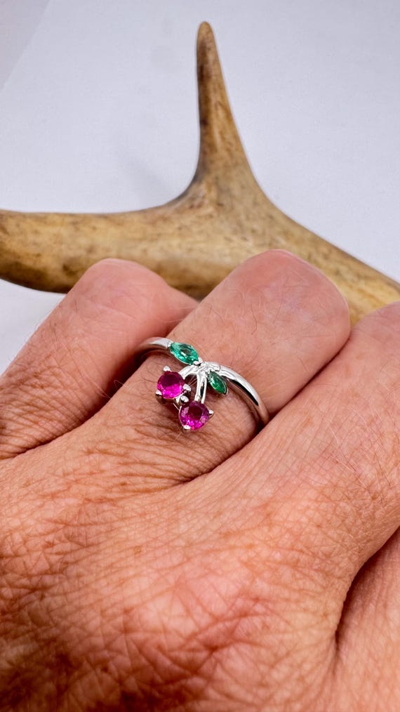 Vintage Sterling Silver Cherry Ring: Ruby & Chrom… - image 5