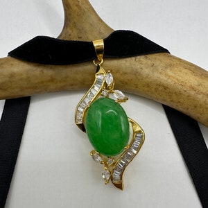 Vintage Grüne Jade Deco Choker Anhänger Halskette - Goldene Bronze