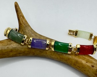 Bracelet Gourmette Jade Vert Pâle - Maillons Métal Doré + Idéogrammes - Femme - 19 Cm