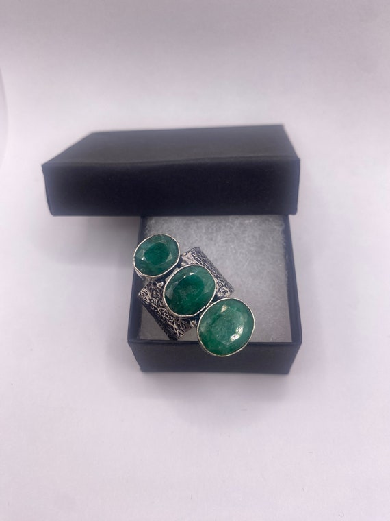 Vintage Green Emerald Boho Cocktail Ring Silver B… - image 5