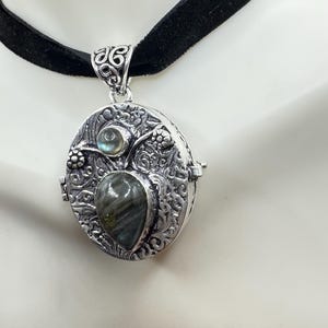 Puede incluir: Un collar con un medall&oacute;n de plata y una gargantilla de terciopelo negro. El medall&oacute;n es de forma ovalada y presenta un intrincado dise&ntilde;o floral. El medall&oacute;n tiene una piedra preciosa de labradorita en forma de coraz&oacute;n en el centro y una piedra redonda m&aacute;s peque&ntilde;a encima.