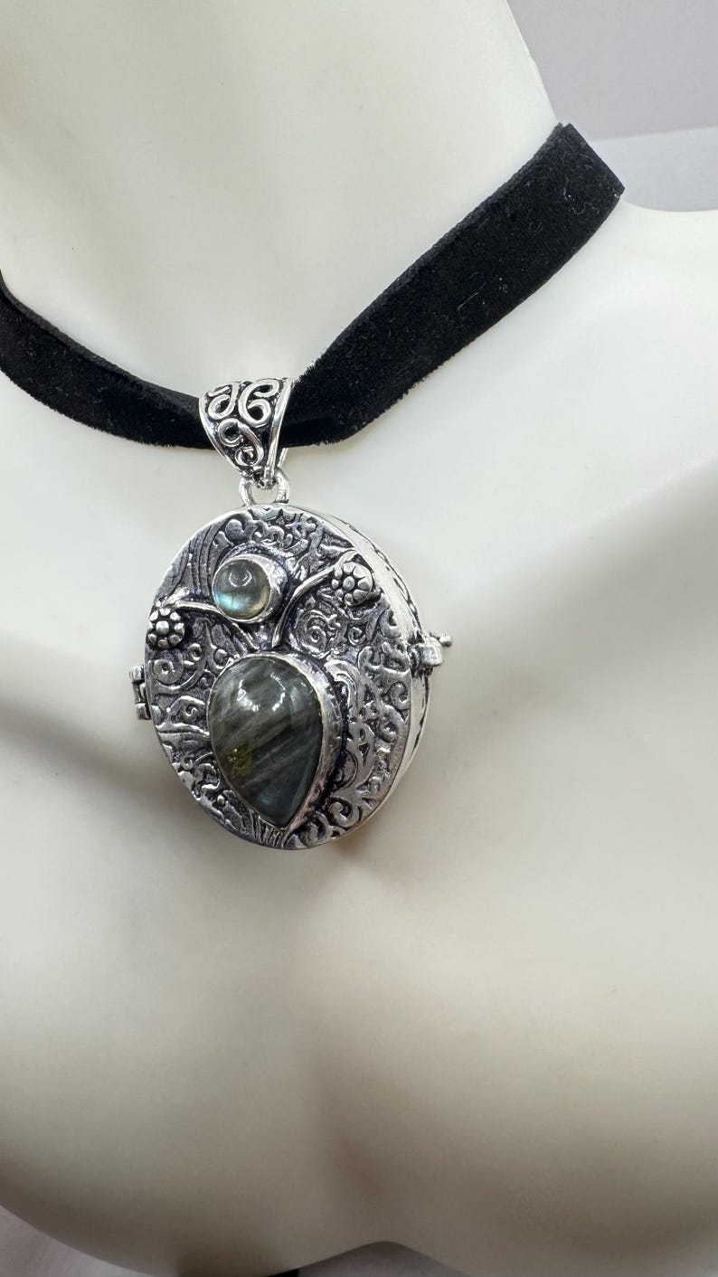 Puede incluir: Un collar con un medall&oacute;n de plata y una gargantilla de terciopelo negro. El medall&oacute;n es de forma ovalada y presenta un intrincado dise&ntilde;o floral. El medall&oacute;n tiene una piedra preciosa de labradorita en forma de coraz&oacute;n en el centro y una piedra redonda m&aacute;s peque&ntilde;a encima.