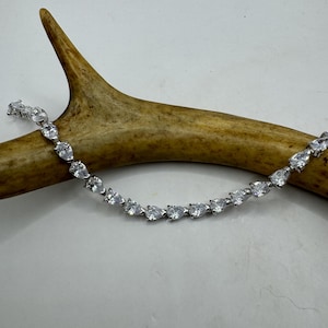 Vintage 925 Sterling Silver Tennis Bracelet: Cubic Zirconia Hearts, 7 Inch