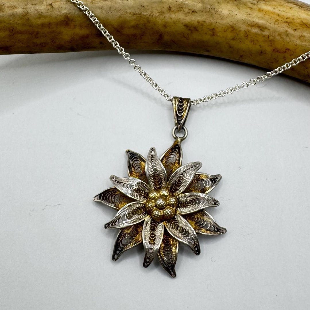Vintage Filigree Flower Pendant Necklace | 925 Sterling Silver on a ...