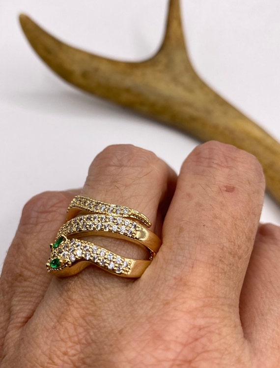 Vintage Gold Snake Ring | Green and Cubic Zirconi… - image 3