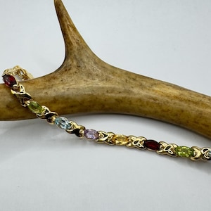 Vintage Tennis Bracelet | Mixed Citrine Amethyst Blue Topaz Peridot Garnet Gemstone | Gold 925 Sterling Silver | Elegant Everyday