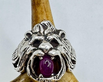 Vintage Sterling Silber Löwe Ring: Boho Roter Rubin Edelstein, Size 8