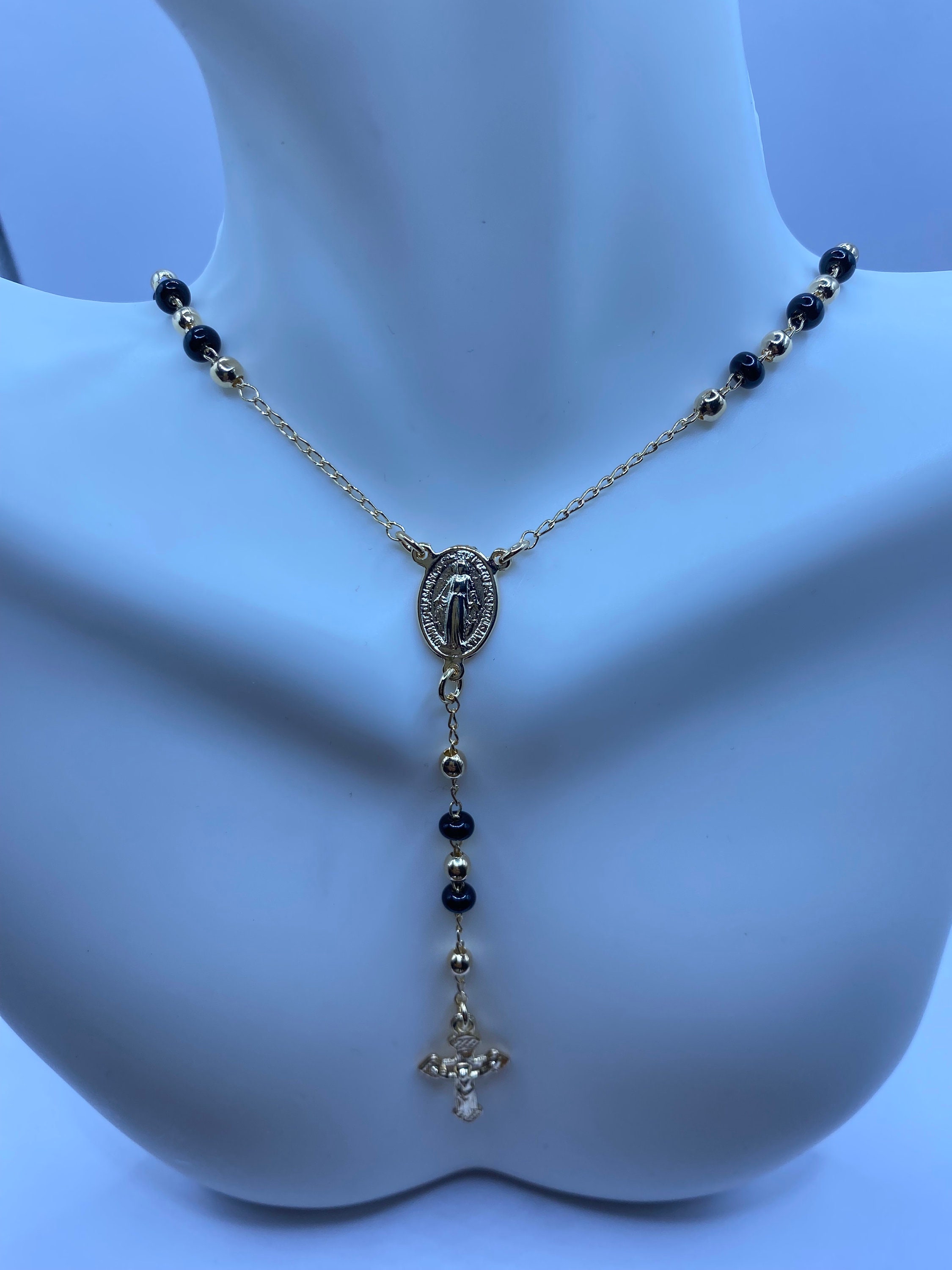 Vintage Rosary Necklace: Black Onyx Beads, 9k Gold Filled