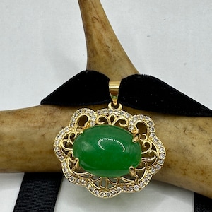 Vintage Grüne Jade Deco Choker Anhänger Halskette - Goldene Bronze