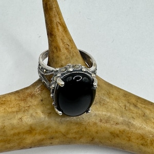 Vintage Marcasite Black Onyx Chunky Cocktail Ring 925 Sterling Silver