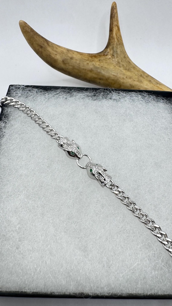 Vintage Sterling Silver Panther Head Bracelet: Green CZ Eyes