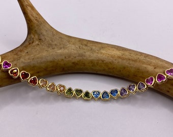 Vintage Rainbow Heart Gold Tennis Bracelet | CZ Crystal Rainbow 925 Sterling Silver Bracelet | Elegant Everyday Wedding or Prom