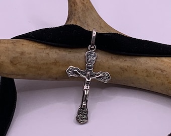 Vintage Sterling Silver Cross Choker: Etched Crucifix, Black Velvet Ribbon