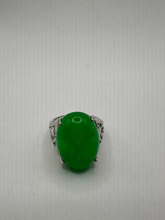 Vintage Silver Green Jade Lucky Cocktail Ring - image 8