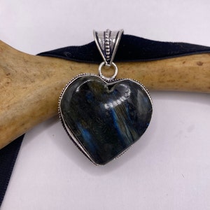 Vintage labradoriet hart boho zwart fluwelen choker zilveren ketting