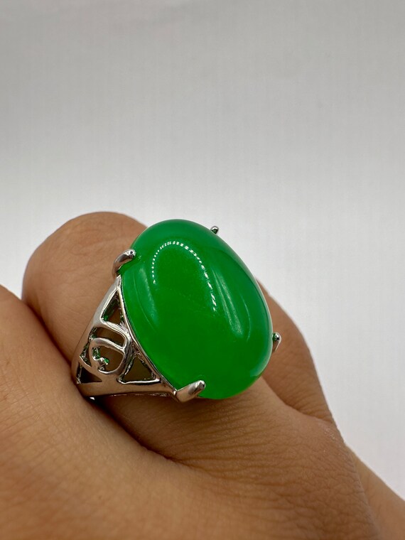 Vintage Silver Green Jade Lucky Cocktail Ring - image 6
