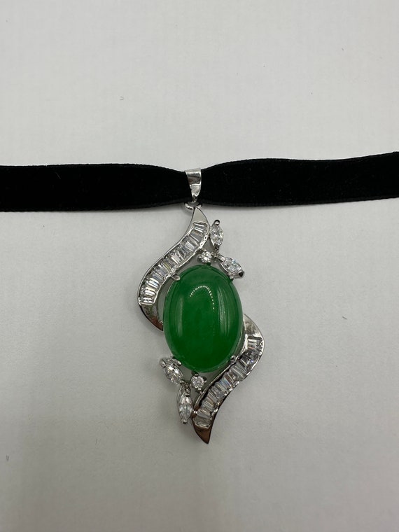 Vintage Green Jade Deco Choker Necklace - Silver … - image 2