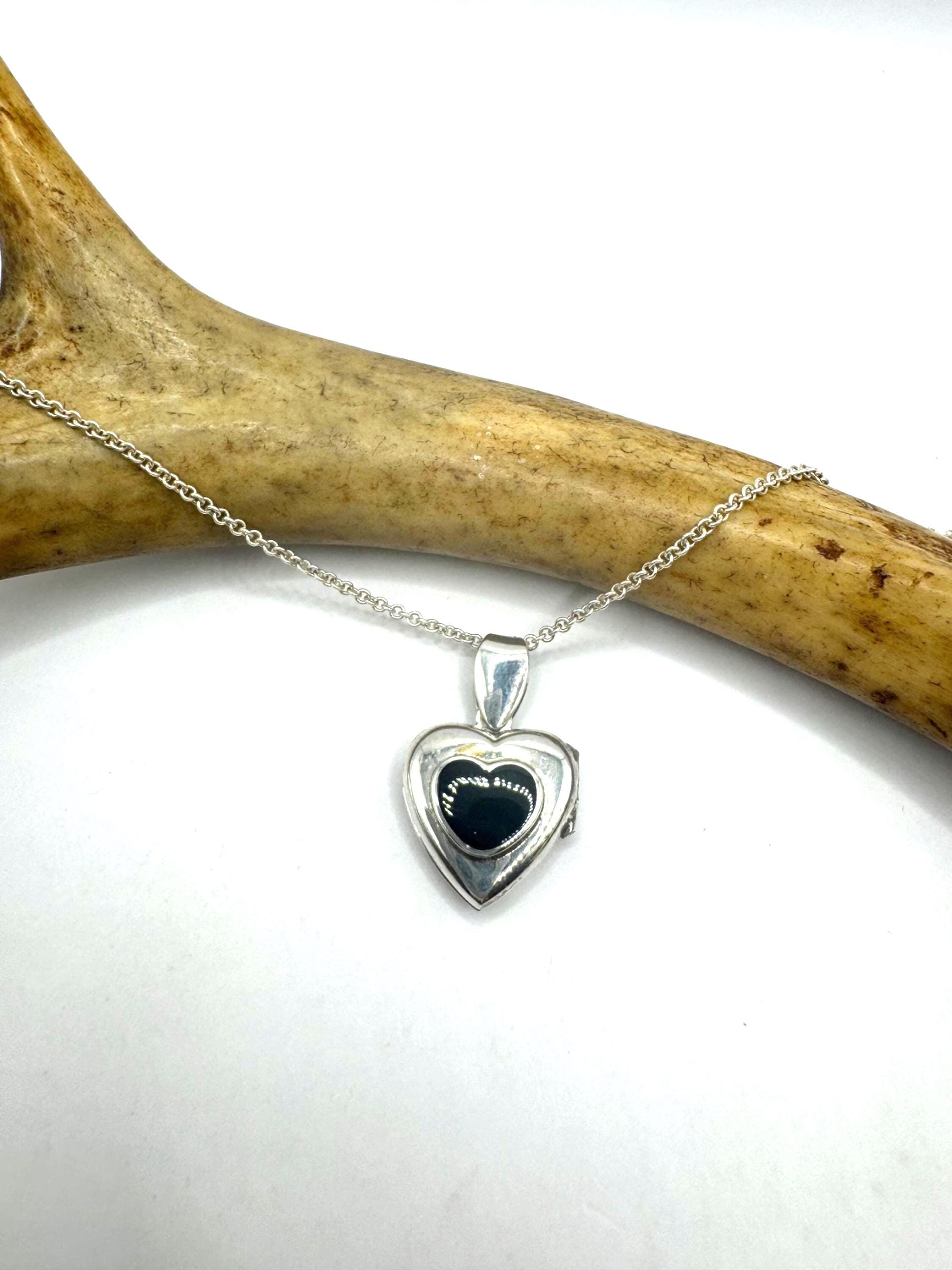 Silver Photo Locket With Black Onyx Gemstone Heart Pendant