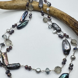 Élégant collier de perles noires paon - Vintage en argent sterling noué à la main 38 pouces - Minimal au quotidien