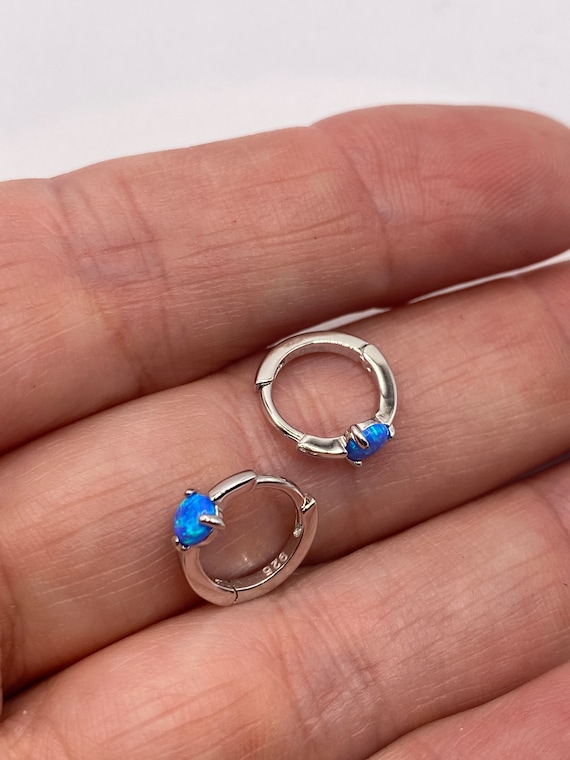 Tiny Silver Earrings | Mini Blue Fire Opal Gemsto… - image 6