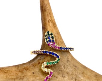 Gold Filled Snake Ring: Rainbow Cubic Zirconia