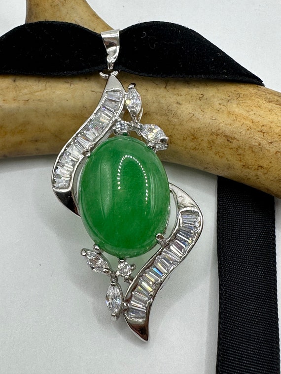 Vintage Green Jade Deco Choker Necklace - Silver … - image 4