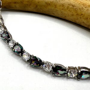 Vintage Silver Tennis Bracelet | Mystic Blue Topaz Crystal Diamond Cubic Zirconia 925 Sterling Silver