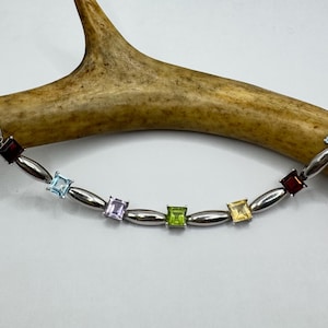 Vintage Tennis Bracelet | Mixed Citrine Amethyst Blue Topaz Peridot Garnet 925 Sterling Silver | Elegant Everyday