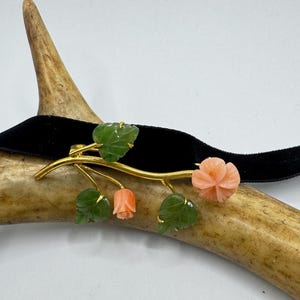 Vintage Jade Coral Rose Brooch: 12K Gold Filled Velvet Choker