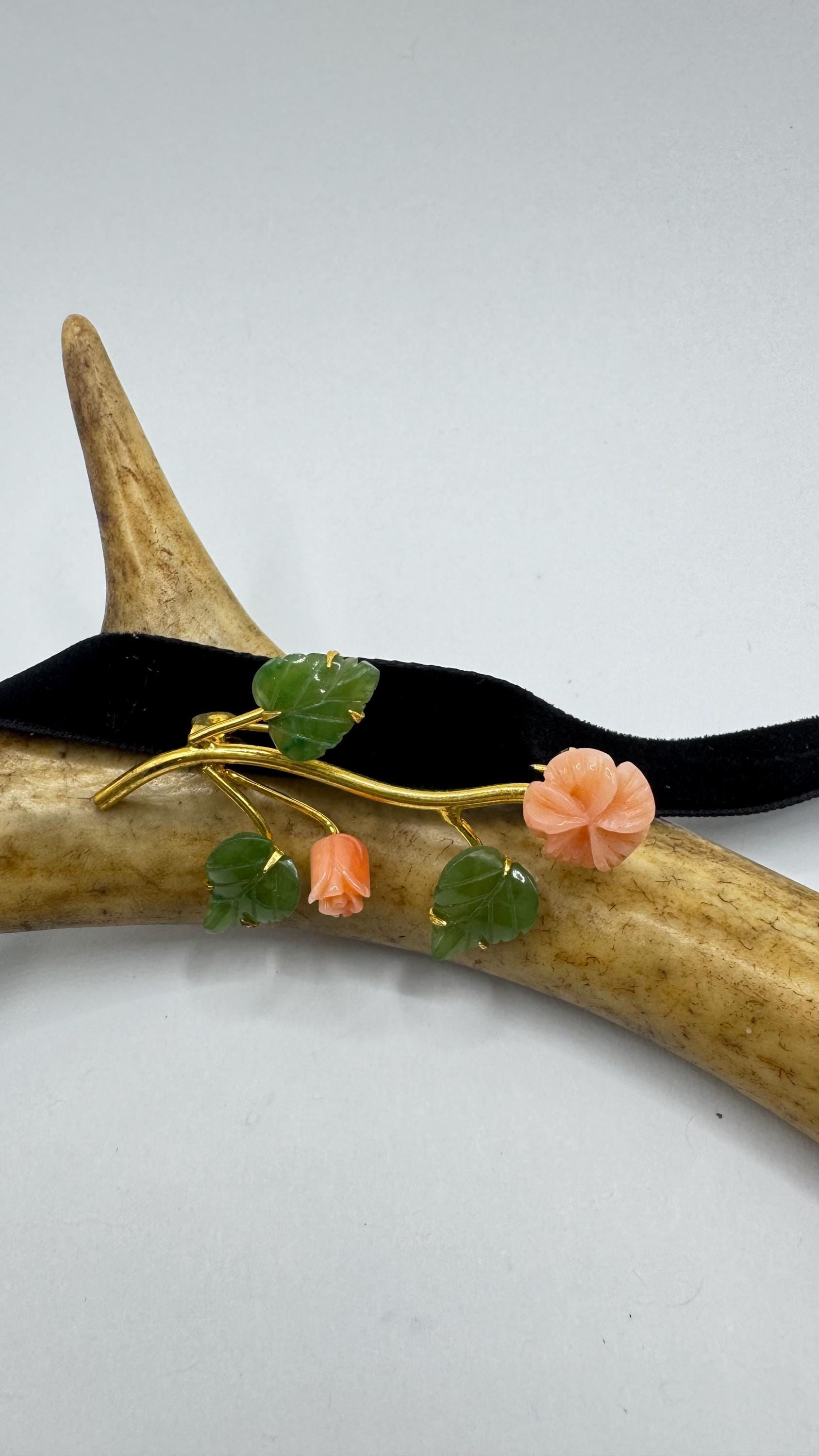 Vintage Jade Coral Rose Brooch: 12K Gold Filled Velvet Choker