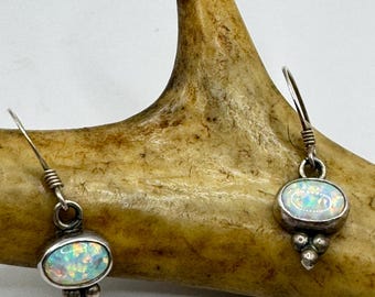 Fire Opal Deco Earrings - Vintage Sterling Silver Drop Style