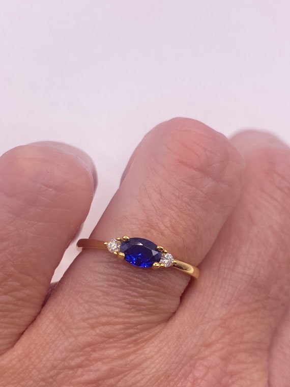 Vintage Blue Tiny Crystal Stacking Ring - Gold 92… - image 4